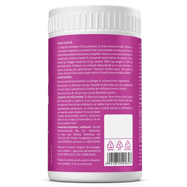 Supliment alimentar Colagen + Hyaluron cu aroma de capsuni, Zenyth, 150g