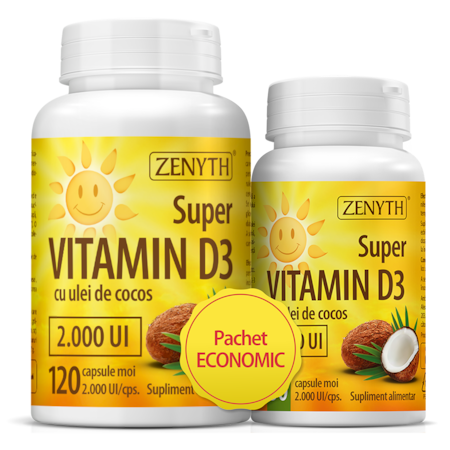Pachet Super Vitamina D3 cu ulei de cocos 2000UI, Zenyth, 150 capsule