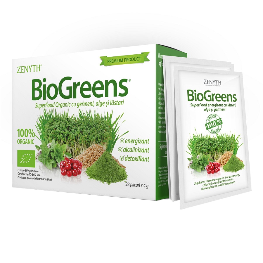 Supliment alimentar BioGreens SuperFood Organic cu germeni, alge si lastari, Zenyth, 28 plicuri