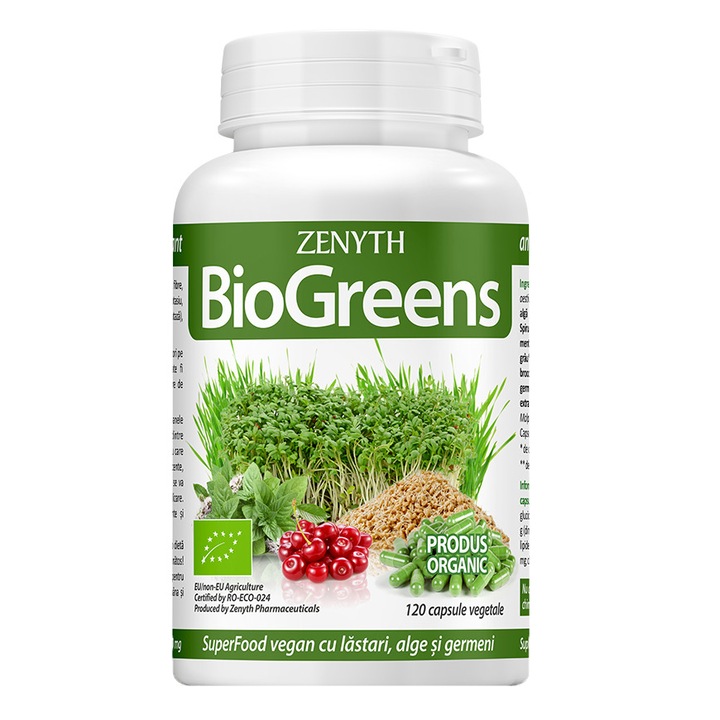 Supliment alimentar BioGreens SuperFood Organic cu germeni, alge si lastari, Zenyth, 120 capsule