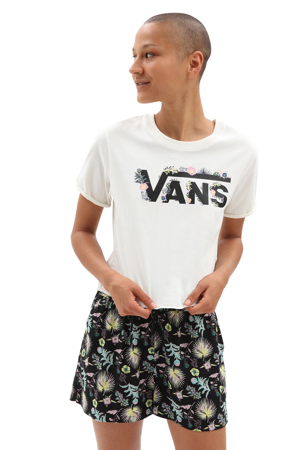 Vans, Tricou crop cu imprimeu logo Blozzom, Alb prafuit/negru/roz pastel, L