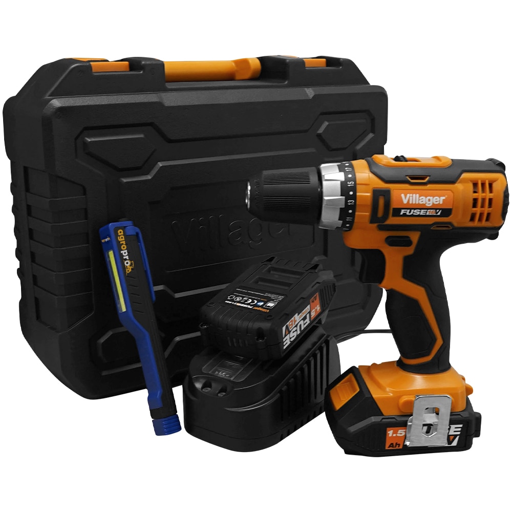 Masina de gaurit/insurubat Villager VLN 3220-2BSC, turatie 1300 rpm, 35 Nm, mandrina 10 mm, set power bundle 2 x baterii 1.5 Ah incarcator 1.65 A, cutie transport, lanterna LED magnetica AgroPro