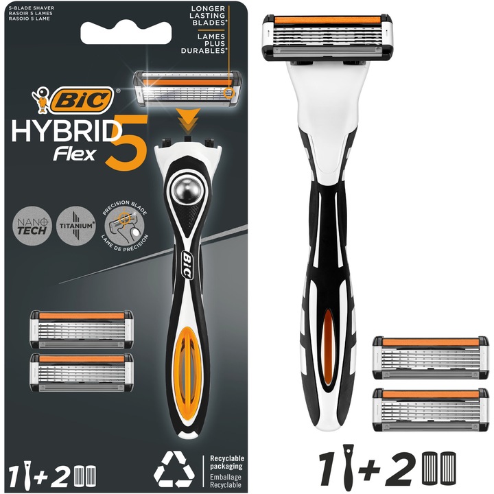Самобръсначка Hybrid за мъже BIC Flex 5, 5 остриета, Стандартен комплект, 1 дръжка + 2 резерви