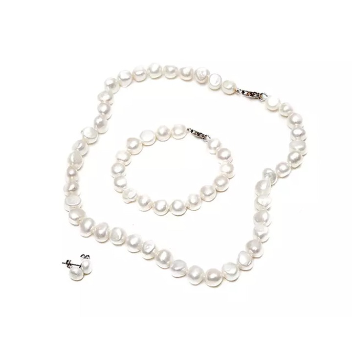 Подаръчен комплект перли Kyoto Pearl 16445602-11-26-799, 3 части, Барокови сладководни перли, Гривна, Огърлица, Обеци, Бял
