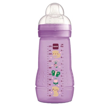 Biberon din polipropilena cu tetina din silicon 270 ml MAM Easy Active 806995, Mov 2+ luni Biberon din polipropilena cu tetina din silicon 270 ml MAM Easy Active 806995, Mov 2+ luni