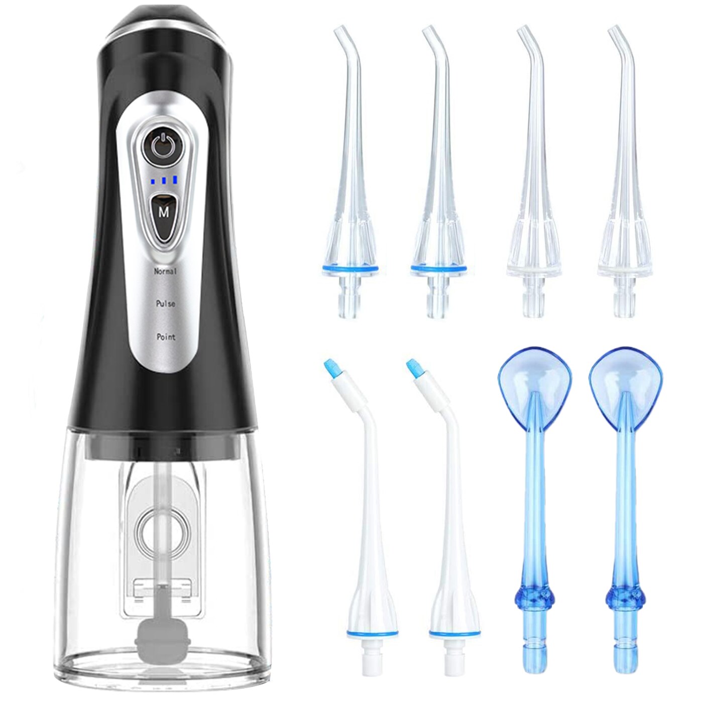 Irigator oral profesional pentru dus bucal, fara fir, 320 ml, 9 Programe de lucru, 8 capete, Culoare NEGRU, Gemevo®