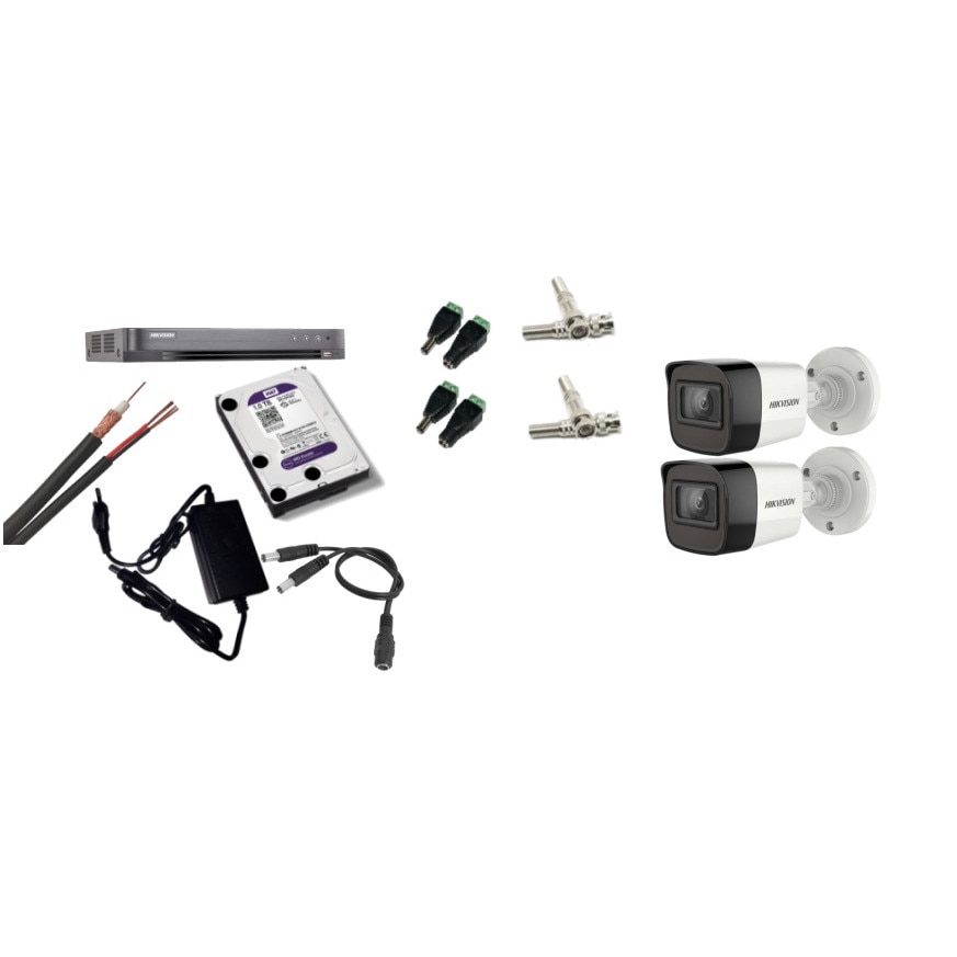 Kit supraveghere video Hikvision 5MP, cu 2 camere 5MP de exterior/interior si HDD 1 TB cu accesorii montaj MK448