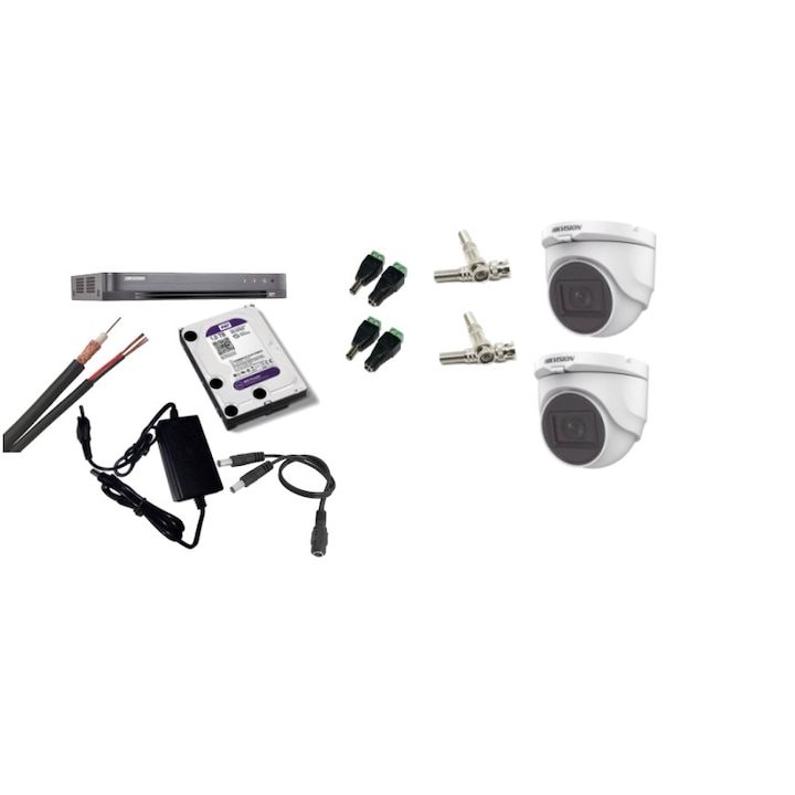 Sistem supraveghere video Hikvision 2 camere 5MP Turbo HD IR40 M cu DVR Hikvision 4 canale full accesorii, internet
