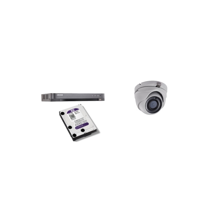 Kit supraveghere video Hikvision 2MP, cu 3 camere 2MP de interior si HDD 1 TB cu accesorii montaj MK187