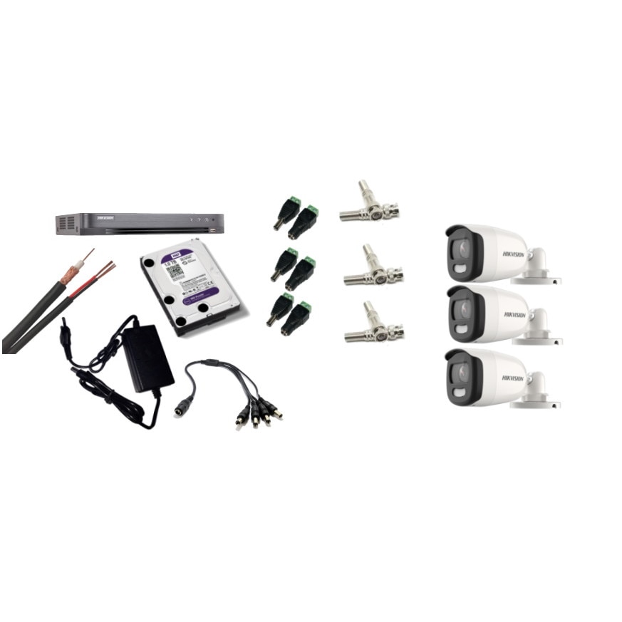 Kit supraveghere video Hikvision 5MP, cu 3 camere 5MP de exterior/interior si HDD 1 TB cu accesorii montaj MK457