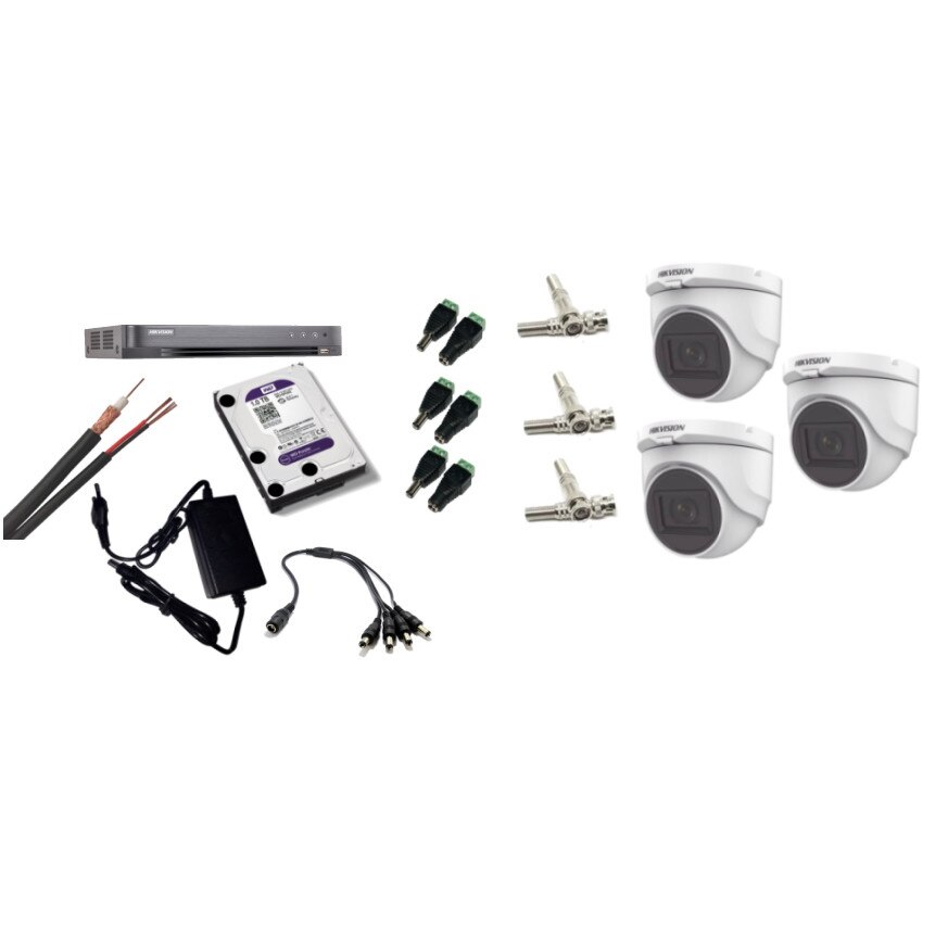 Kit supraveghere video Hikvision 5MP, cu 3 camere 5MP de interior si HDD 1 TB cu accesorii montaj MK453
