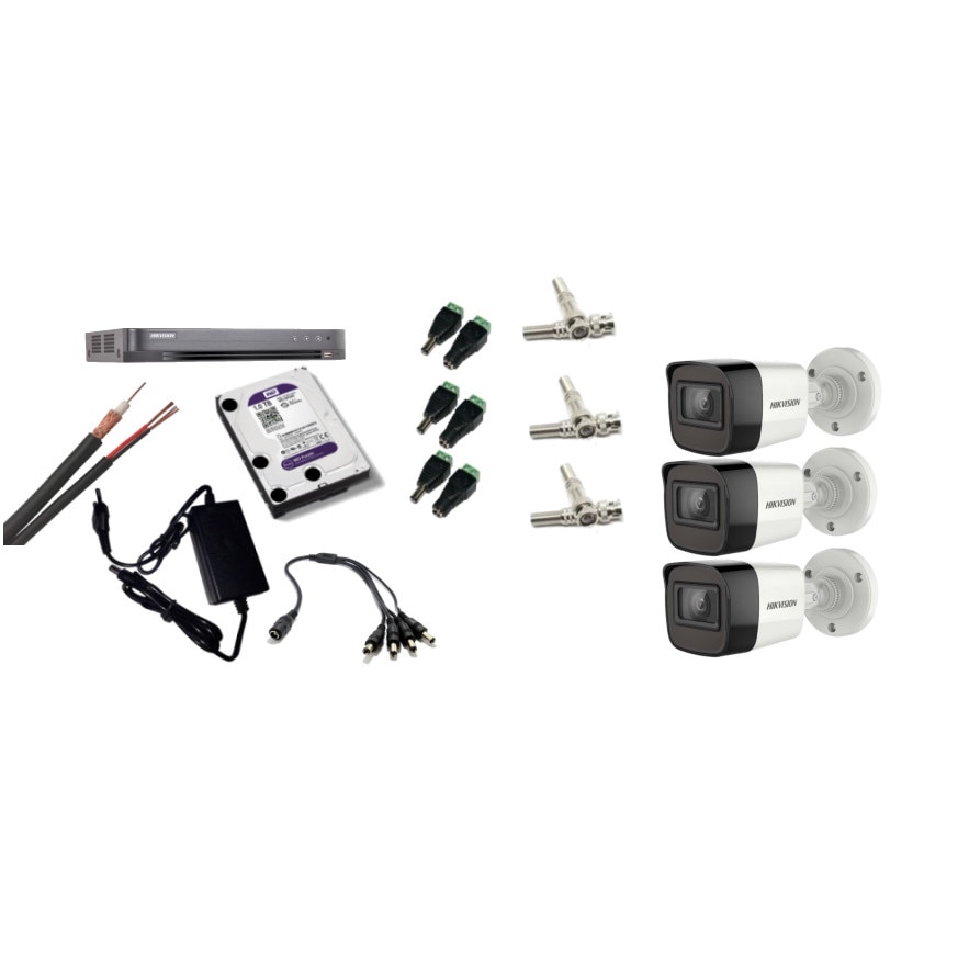 Kit supraveghere video Hikvision 5MP, cu 3 camere 5MP de exterior/interior si HDD 1 TB cu accesorii montaj MK449