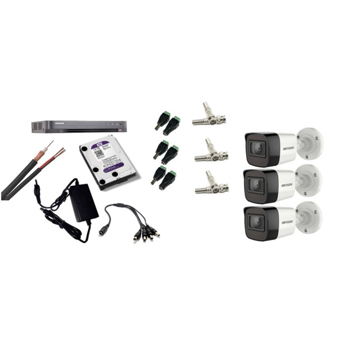 Kit supraveghere video Hikvision 8MP, cu 2 camere 8MP de exterior/interior si HDD 1 TB cu accesorii montaj MK595