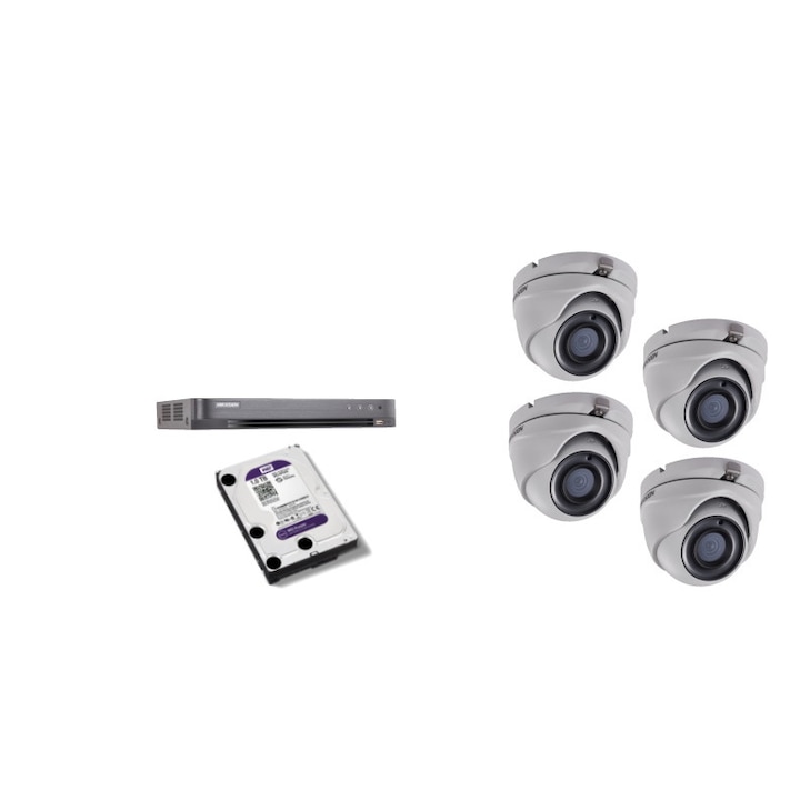 Sistem supraveghere analog Hikvision 4 camere 4K, Dual Light, IR 40m, lentila 2, 8mm, DVR 4 canale, 5MP, tehnologie AcuSense, accesorii montaj, fara HDD