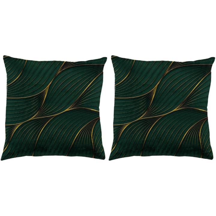 2 калъфки за декоративни възглавници Bamboo Aglika, 45x45 cm, цип, дигитална щампа, полиестер, Зелен/Златист