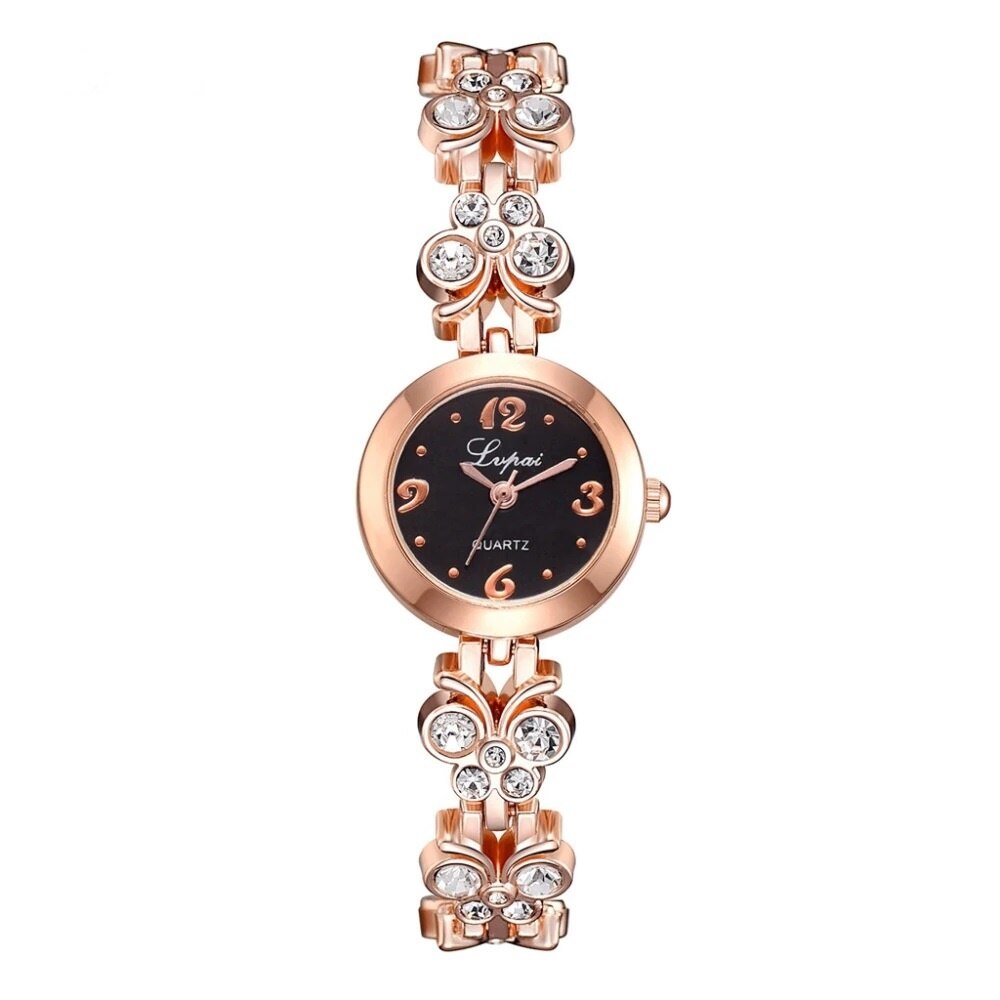 Ceas de dama Lupai, Beauty Butterflies, cu cristale, auriu cu negru