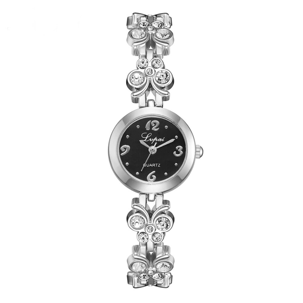 Ceas de dama Lupai, Beauty Butterflies, cu cristale, argintiu cu negru