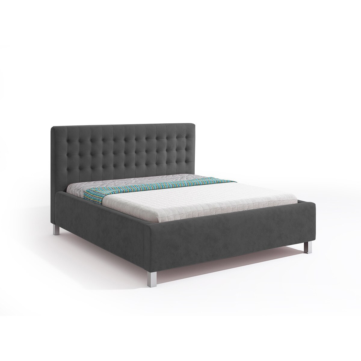 Pat tapitat Iris Gri, MobAmbient, cu tablie inalta, somiera metalica rabatabila, lada de depozitare, pentru saltea 160 x 200 cm
