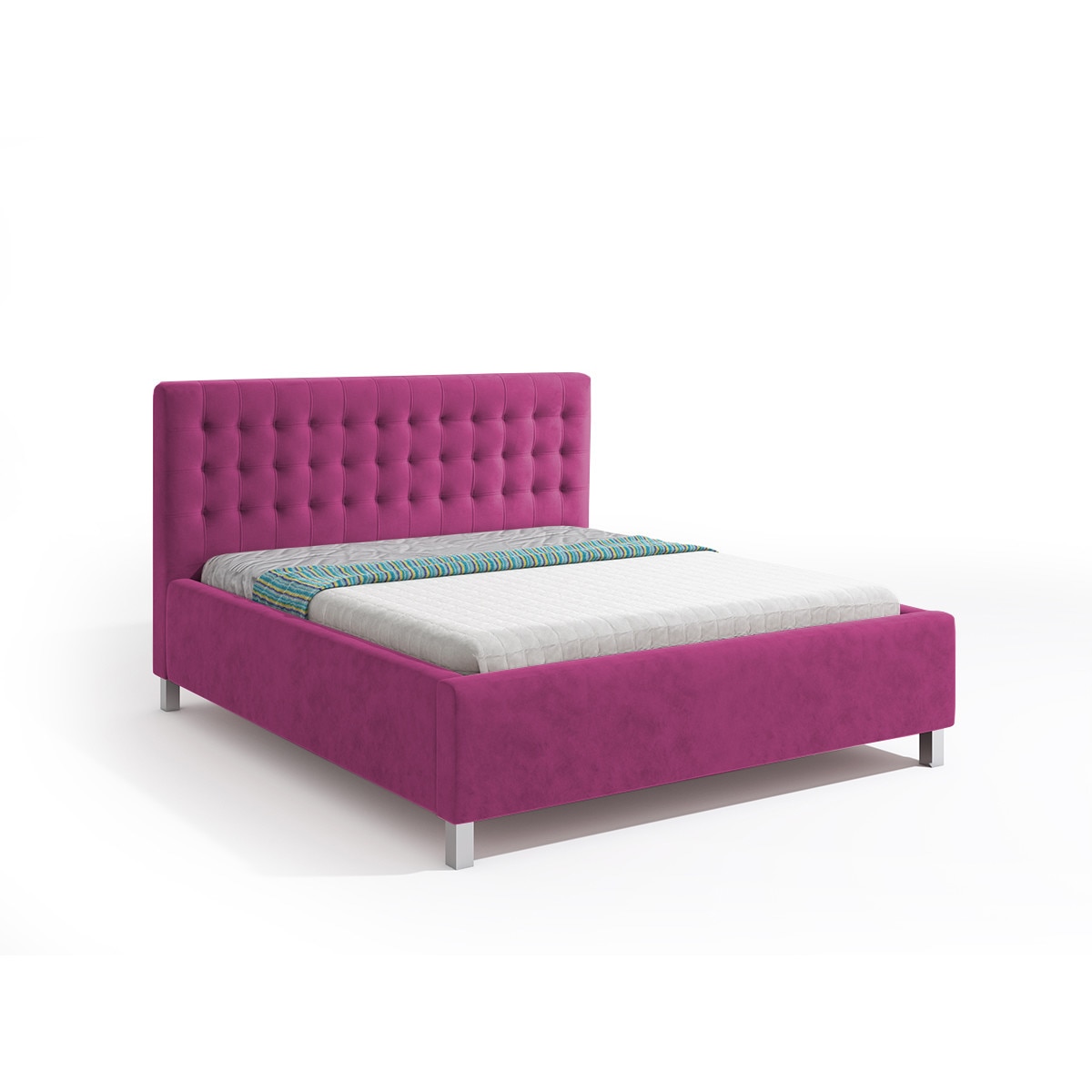 Pat tapitat Iris Roz Inchis, MobAmbient, cu tablie inalta, somiera metalica rabatabila, lada de depozitare, pentru saltea 160 x 200 cm