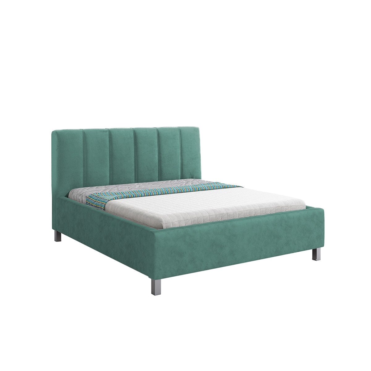 Pat tapitat Gray Verde mint, MobAmbient, cu tablie inalta, somiera metalica rabatabila, lada de depozitare, pentru saltea 160 x 200 cm