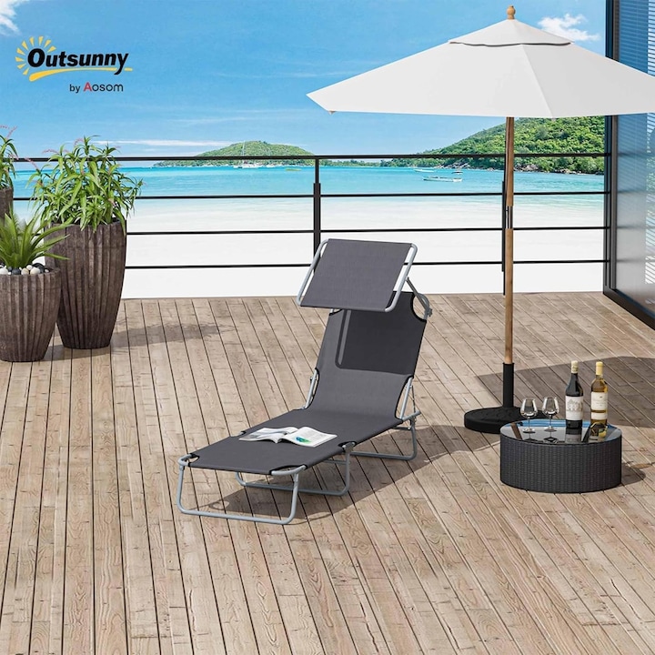Sezlong de gradina, Outsunny, pliabil si reglabil, cu copertina din tesatura, gri, 187 x 58 x 36 cm