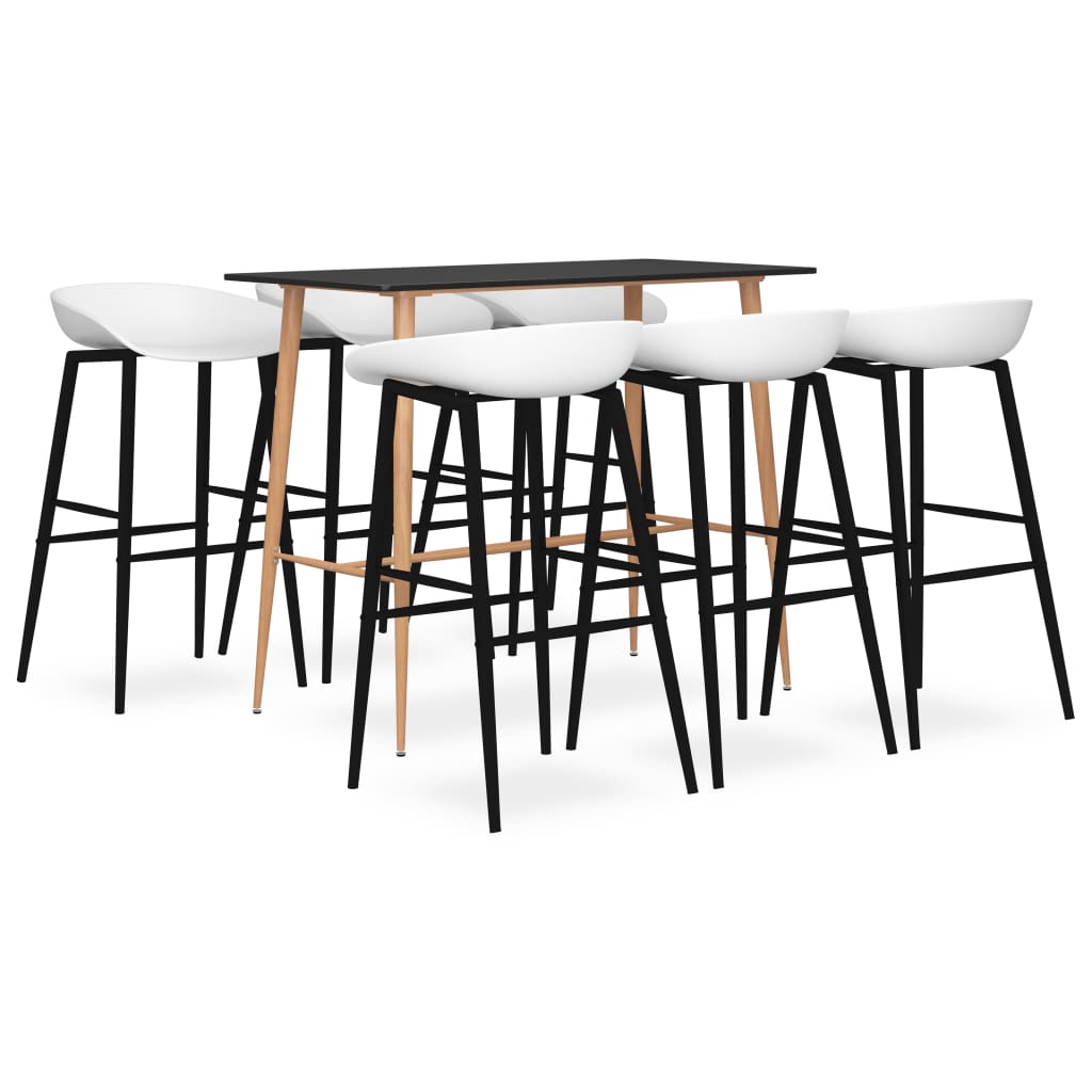 Set mobilier de bar 7 piese masa cu 6 scaune, masa cu scaune, vidaXL, MDF/PP, 120 x 60 x 105 cm, Alb/Negru