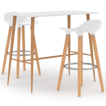 Set mobilier de bar 3 piese masa cu 2 scaune, vidaXL, MDF/Metal, 120 x 60 x 105 cm, Alb/Maro Set mobilier de bar 3 piese masa cu 2 scaune, vidaXL, MDF/Metal, 120 x 60 x 105 cm, Alb/Maro
