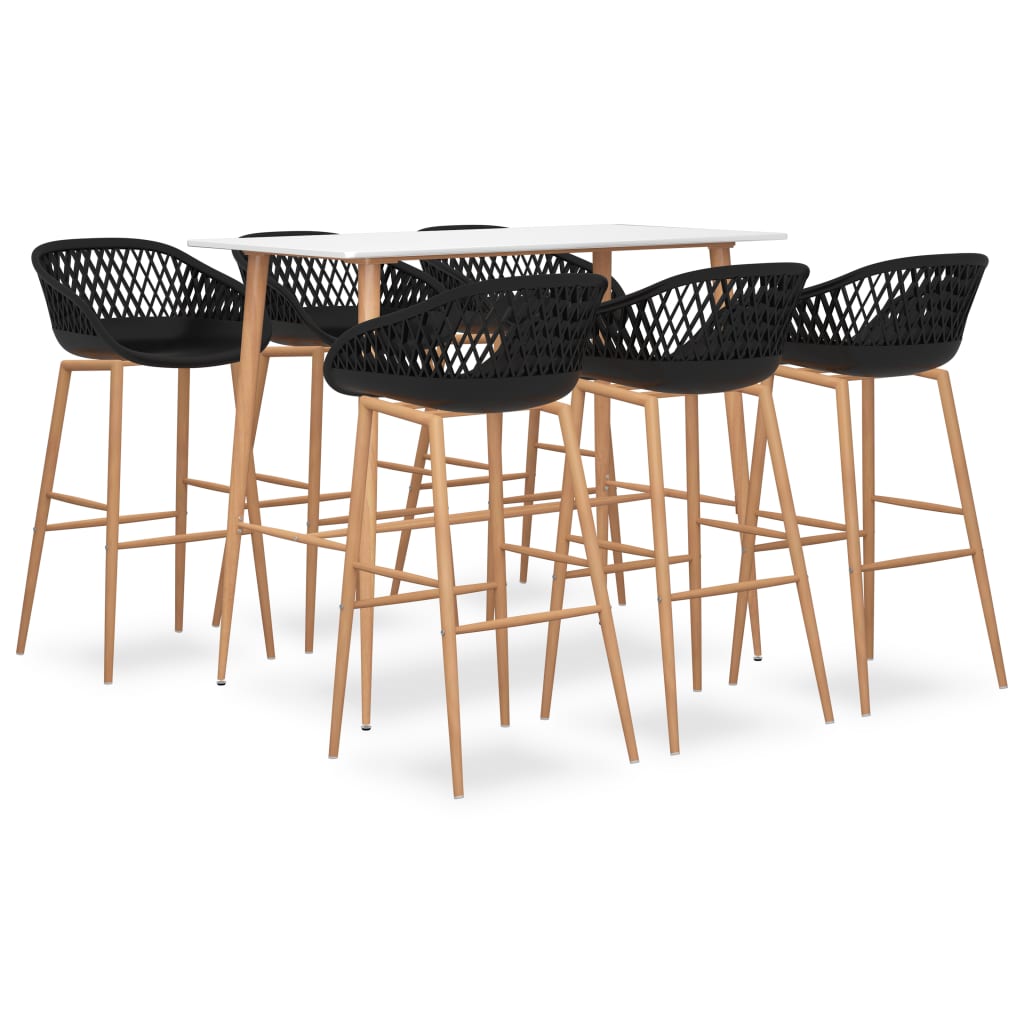 Set masa cu 6 scaune de bar, vidaXL, Metal/MDF, cu model perforat, 120 x 60 x 105 cm, Alb/Maro/Negru