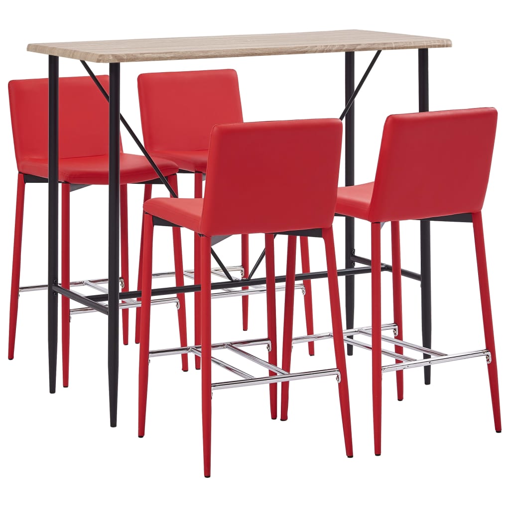 Set masa cu 4 scaune de bar, vidaXL, MDF, Piele artificiala, 120 x 60 x 110 cm, Rosu