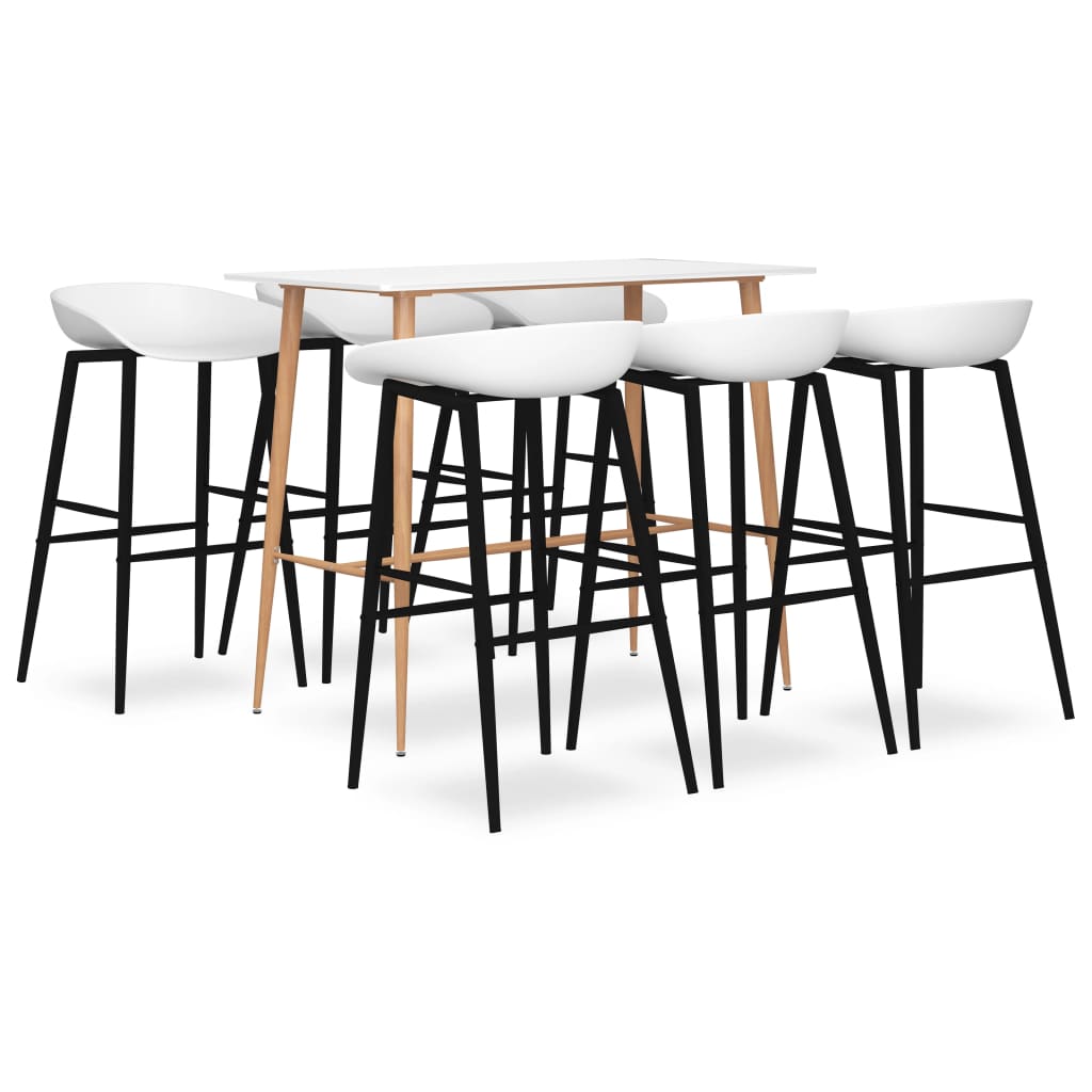 Set de 6 scaune cu masa bar, vidaXL, MDF/Metal, 120 x 60 x 105 cm, Negru/Maro/Alb