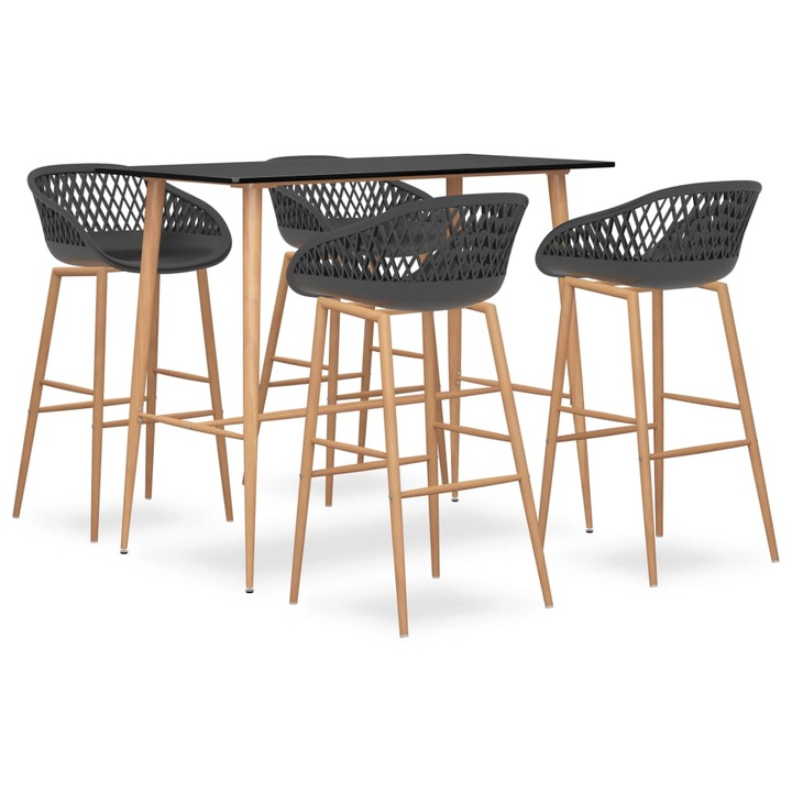 Комплект маса с 4 бар стола vidaXL, MDF/Метал, Перфорирана шарка, Черен, 120x60x105 см