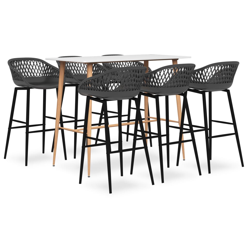 Set masa cu 6 scaune de bar, vidaXL, Metal/MDF, cu model perforat, 120 x 60 x 105 cm, Alb/Negru