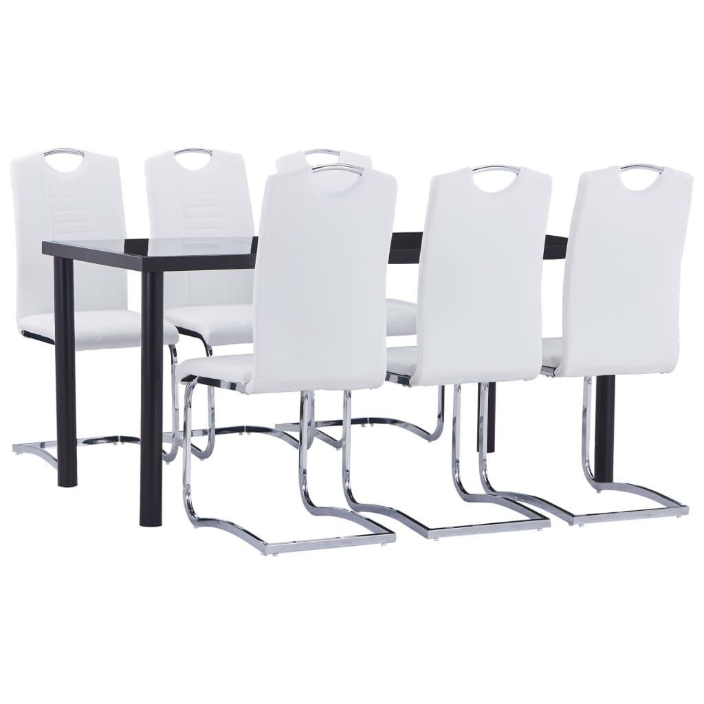 Set masa cu 6 scaune de bucatarie, vidaXL, Piele artificiala-Metal, 160 x 80 x 75 cm, Alb