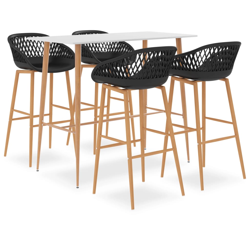 Set masa cu 4 scaune de bar, vidaXL, MDF/Metal, model perforat, 48 x 47,5 x 95,5 cm, Alb/Negru/Maro
