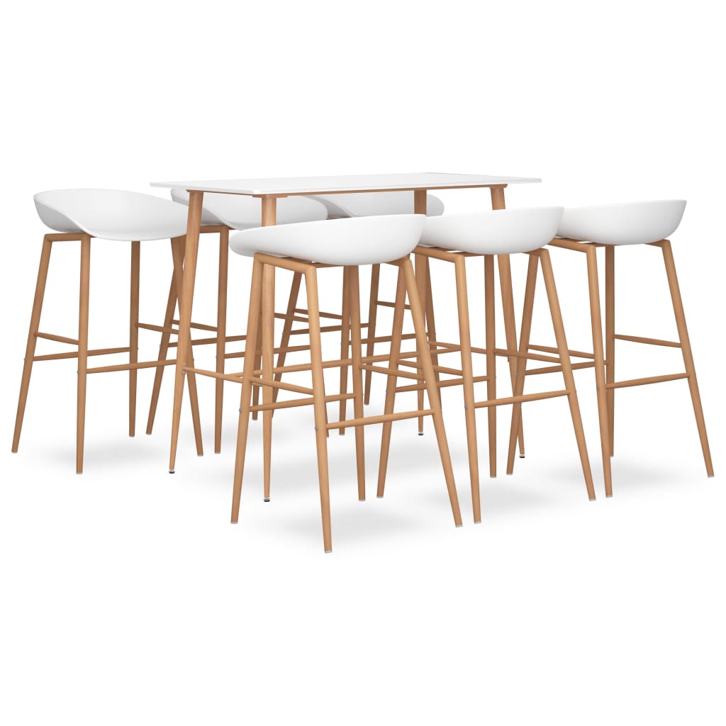 Set de 6 scaune cu masa de bar, vidaXL, MDF/Metal, 120 x 60 x 105 cm, Alb/Maro