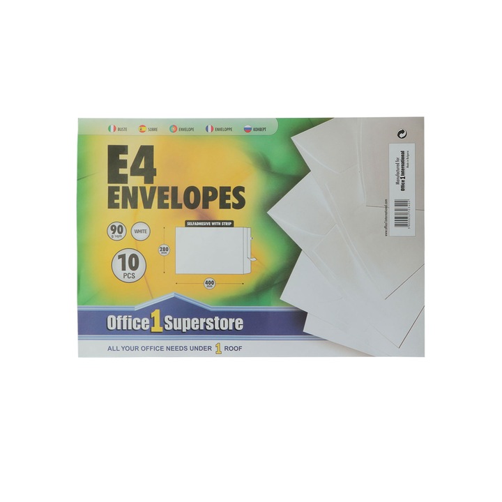 Плик Office 1 Superstore, Пощенски, E4, 280 x 400 mm, Хартиен, Със самозалепваща лента, Бял, 10 броя