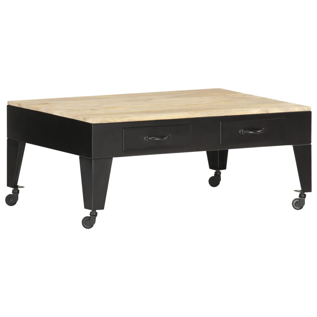 Masuta de cafea, pe rotile, vidaXL, Lemn masiv de mango, 100 x 60 x 40 cm, Maro/Negru