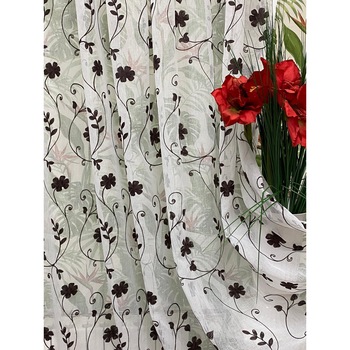Perdea Inna, alba cu broderie de flori wenge 600X245cm, din in, cu rejansa by Liz Line - RD1926 Perdea Inna, alba cu broderie de flori wenge 600X245cm, din in, cu rejansa by Liz Line - RD1926