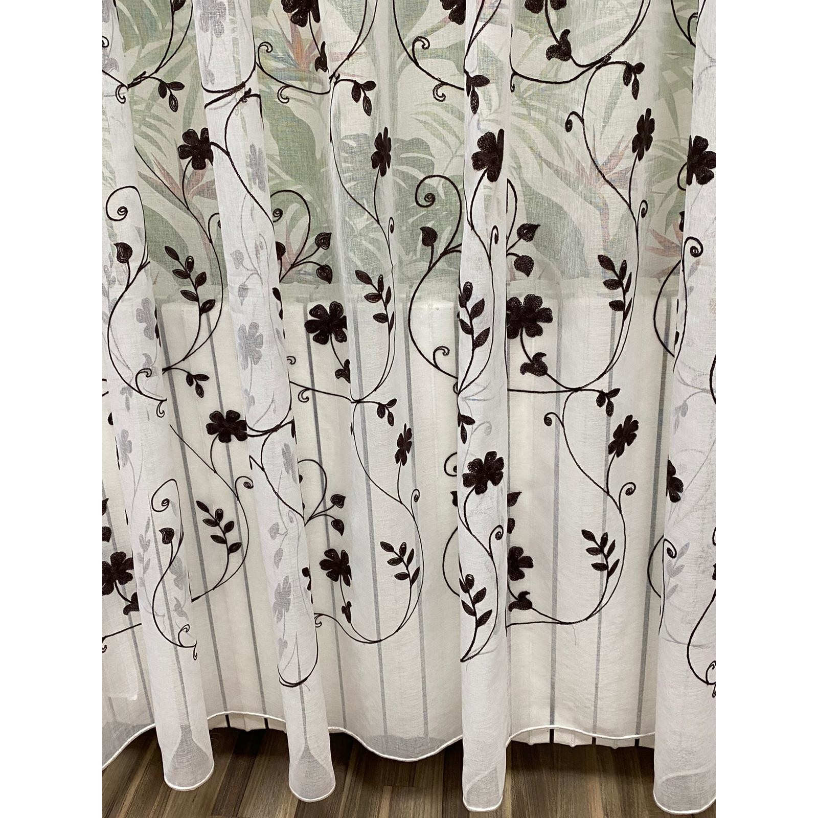 Perdea Inna, alba cu broderie de flori wenge 700X245cm, din in, cu rejansa by Liz Line - RD1927