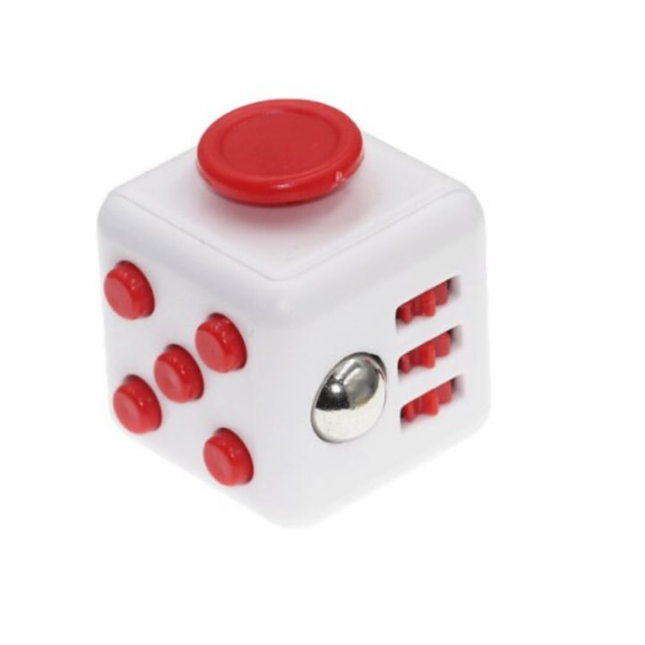 Aнтистрес играчка Fidget cube, Kуб, Бял, Червени копчета
