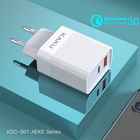 Incarcator retea Ultra Fast Charge, Type-C PD + USB, QuickCharge 3.0, 20W, Alb - KAKU - KSC-501