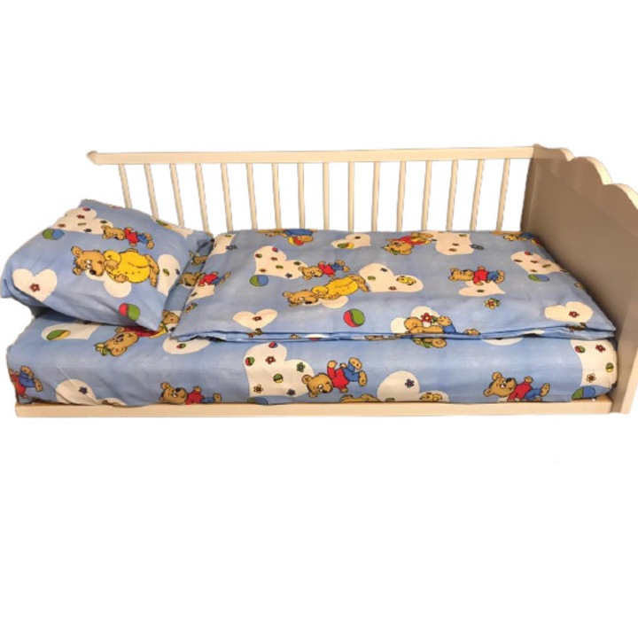 Négyzet alakú gyermekágy ágynemű szett, 3 darabból, maci mintával, fiúknak, 100% pamut, kék