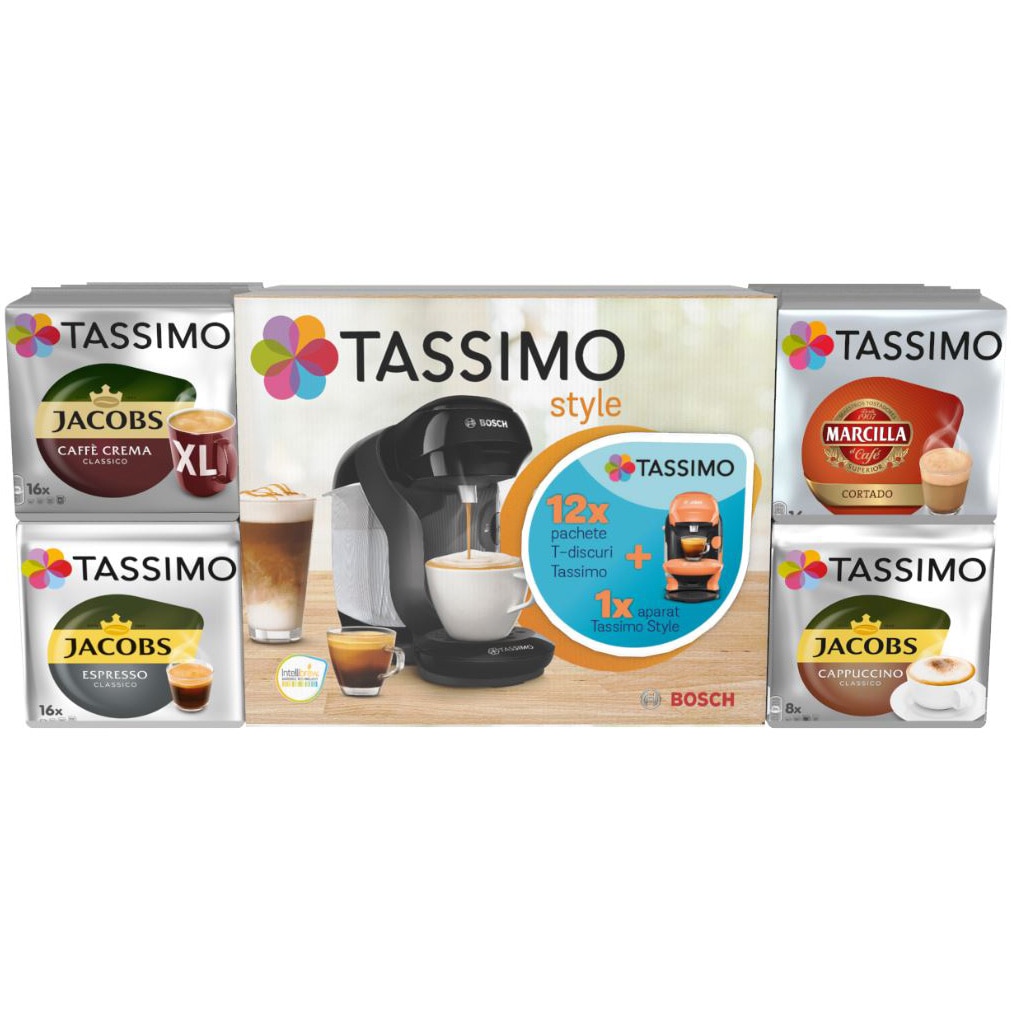 Thaw, thaw, frost thaw Legend Victor Pachet 12 cutii capsule cafea Tassimo Jacobso + Espressor Bosch Tassimo  Style, 1400W, 0.7l, Intellibrew, Portocaliu - eMAG.ro