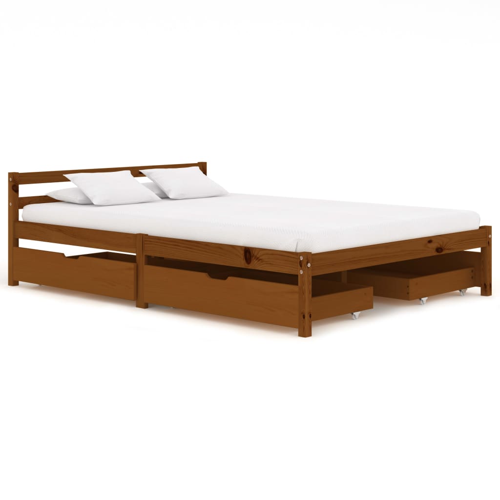 Cadru de pat cu 4 sertare, vidaXL, Lemn de pin/Placaj, 140 x 200 cm, Maro miere