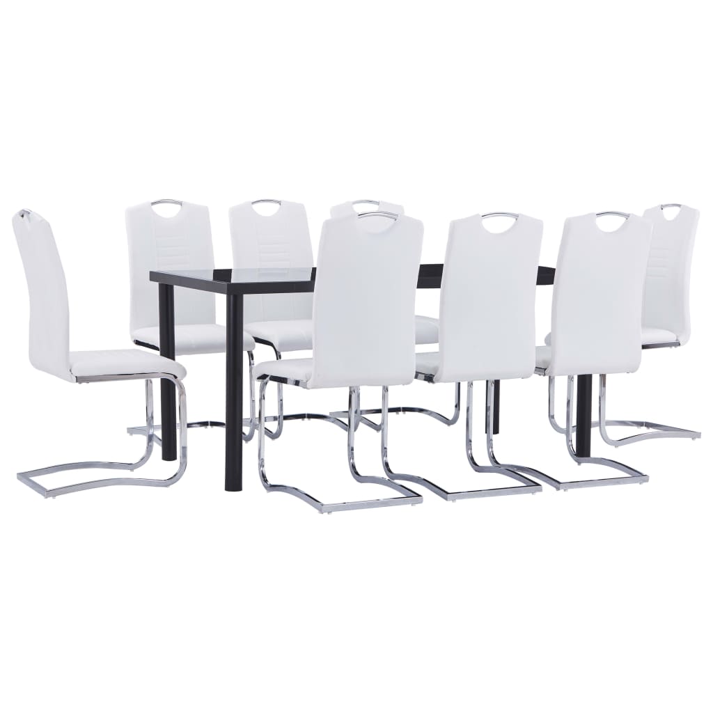 Set masa cu 8 scaune de bucatarie, vidaXL, Piele artificiala-Metal, 160 x 80 x 75 cm, Alb