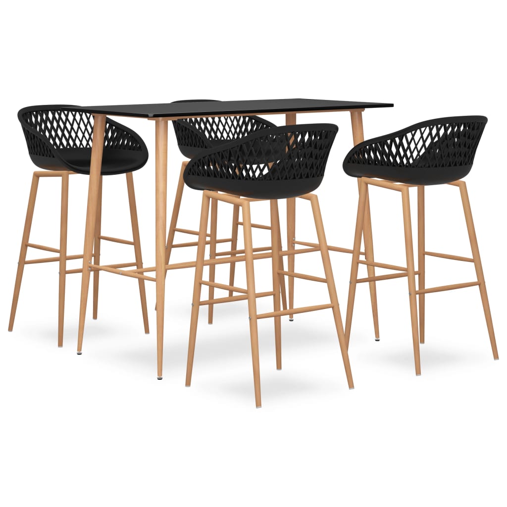 Set de 4 scaune cu masa de bar, vidaXL, MDF, Metal, cu model, 120 x 60 x 105 cm, Negru/Maro