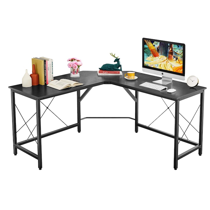 Dupla sarok L alakú íróasztal, multifunkcionális, 149x149x55 cm, fekete