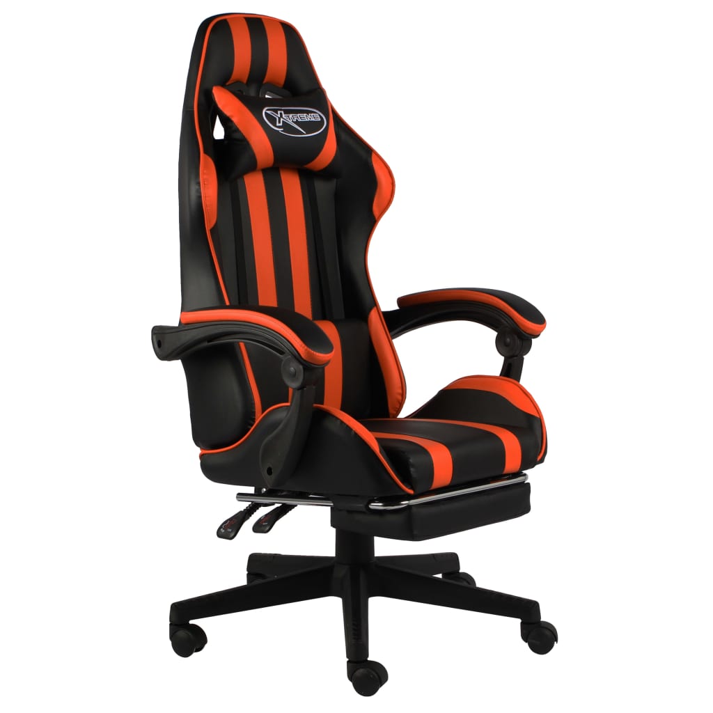 Scaun de racing suport picioare, vidaXL, Piele ecologica/Otel, 62 x 69 x (115-130) cm, Portocaliu/Negru