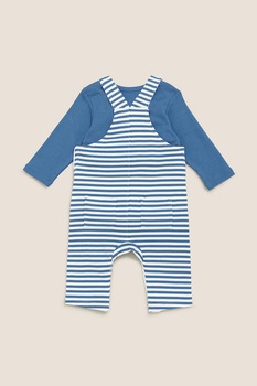 Marks & Spencer, Set de bluza si salopeta cu model in dungi - 2 piese, Albastru, 62-69 CM Standard Marks & Spencer, Set de bluza si salopeta cu model in dungi - 2 piese, Albastru, 62-69 CM Standard