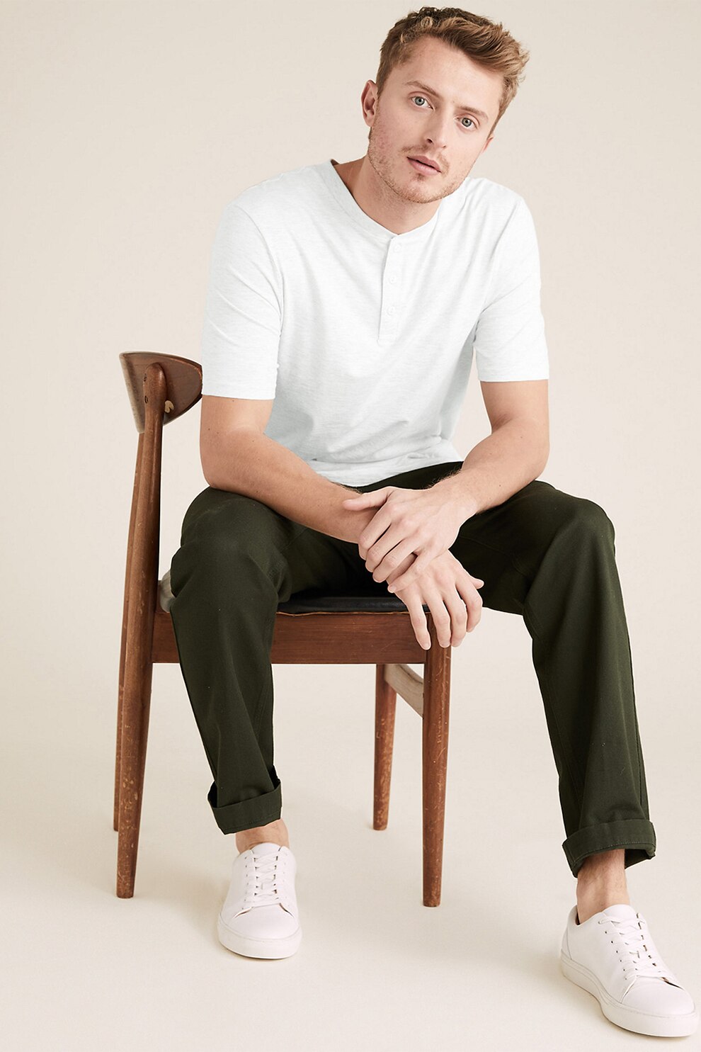 Marks & Spencer, Tricou din bumbac cu decolteu henley, Alb